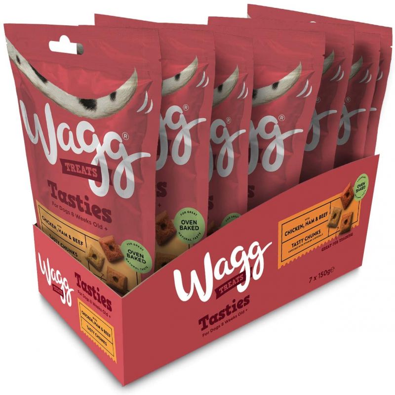 Wagg Tasty Chunks Dog Treats with Chicken, Ham and Beef 150 g, Pack of 7 for sale
